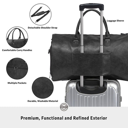 STOVER Garment Travel Duffle Bag, Large 2-in-1 Convertible Carry-on Luggage for Men & Women- Hanging Suits, Dresses & Clothes + Shoe Compartment- Weekender Tote Combo Duffel (Black Leatherette)