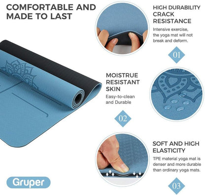 Yoga Mat Non Slip TPE Thick Yoga Mat with Alignment Mark, Large Size 72"L x 32"W x 0.32"Th or 0.24"Th, Anti-Tear Exercise & Fitness Mat for Yoga, Pilates & Floor Workouts (Blue Black, Thickness-6mm)