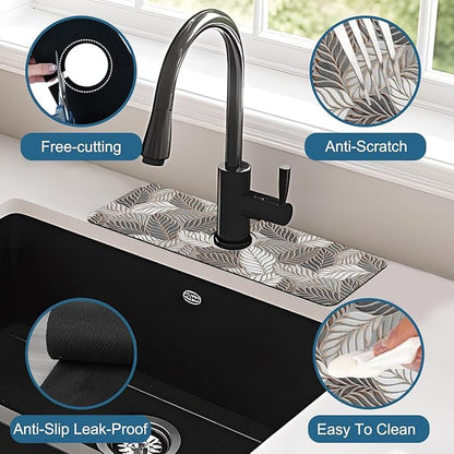 Embossed Leaf Texture Sink Splash Guard Grey Leaf Faucet Absorbing Mat Fast