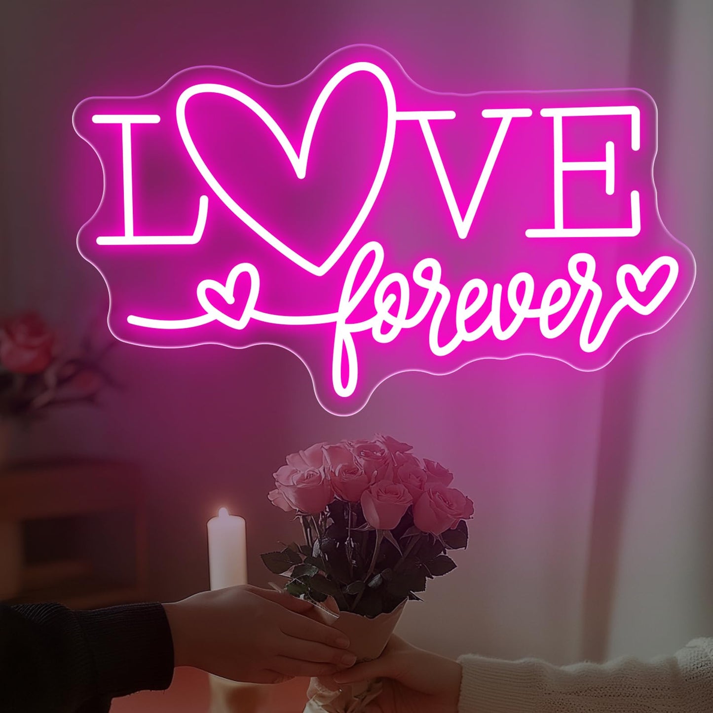 Love Forever Heart Neon Sign, Wedding Party LED Neon Light Valentine's Day Wedding Backdrop Decor Gift For Lover Valentine's Day Gift, LED Romantic Light, Couple Space Accent-Pink-16.5"