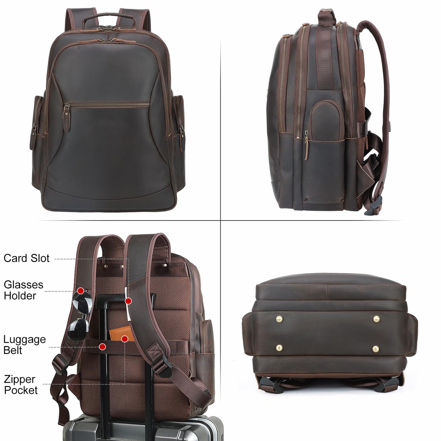 TIDING Full Grain Leather 17.3 Inch Laptop Backpack for Men Large Capacity Travel Weekender Camping Daypack Rucksack