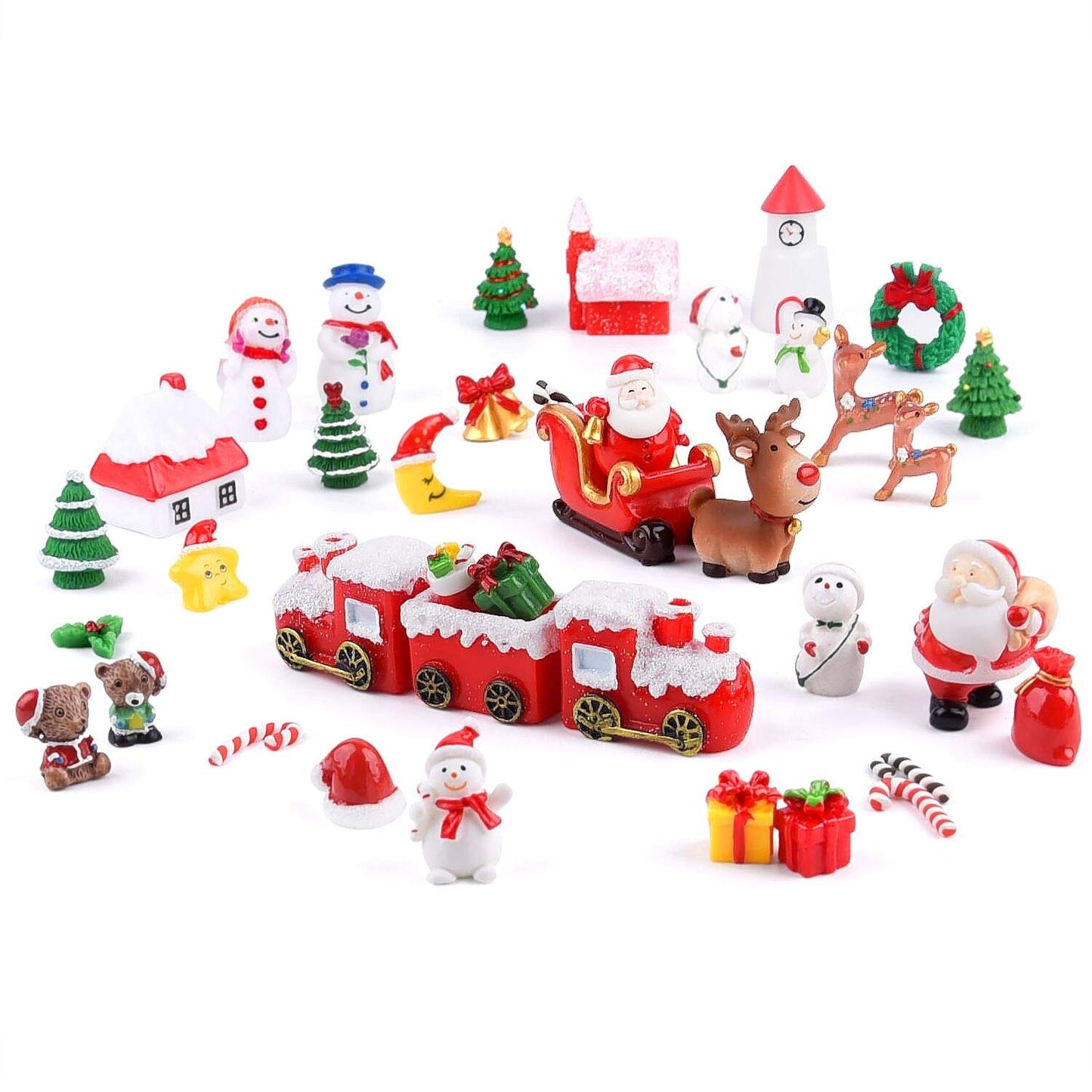 MIAHART 40pc Miniature Christmas Ornaments - Mini Resin Micro Landscape Ornaments with Trees, Santa, Snowman, Wreath, Bells for Christmas Party Supplies, Fairy Garden Accessories