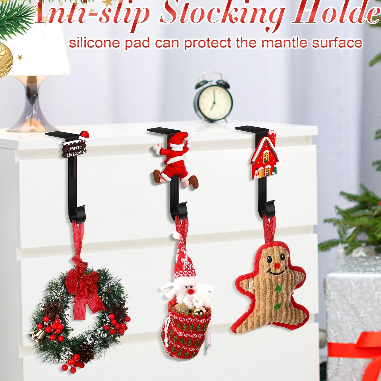 Hicarer Set of 6 Christmas Stocking Hooks for Mantle, Metal Holders for Hanging Stockings, Stocking Hangers for Fireplace for Christmas Decorations (Santa)