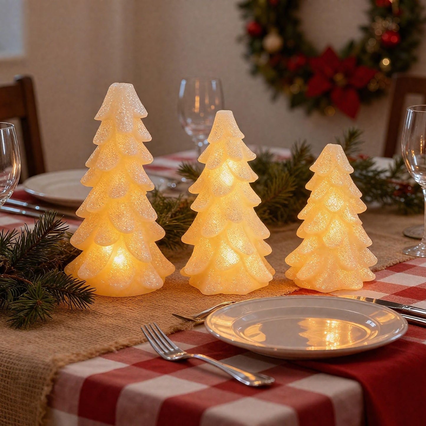 Peninpha 3Pcs Christmas Tree Candles with Remote Timer, Flickering Real Wax LED Flameless Candles Battery Operated for Xmas Winter Décor, White Glittering