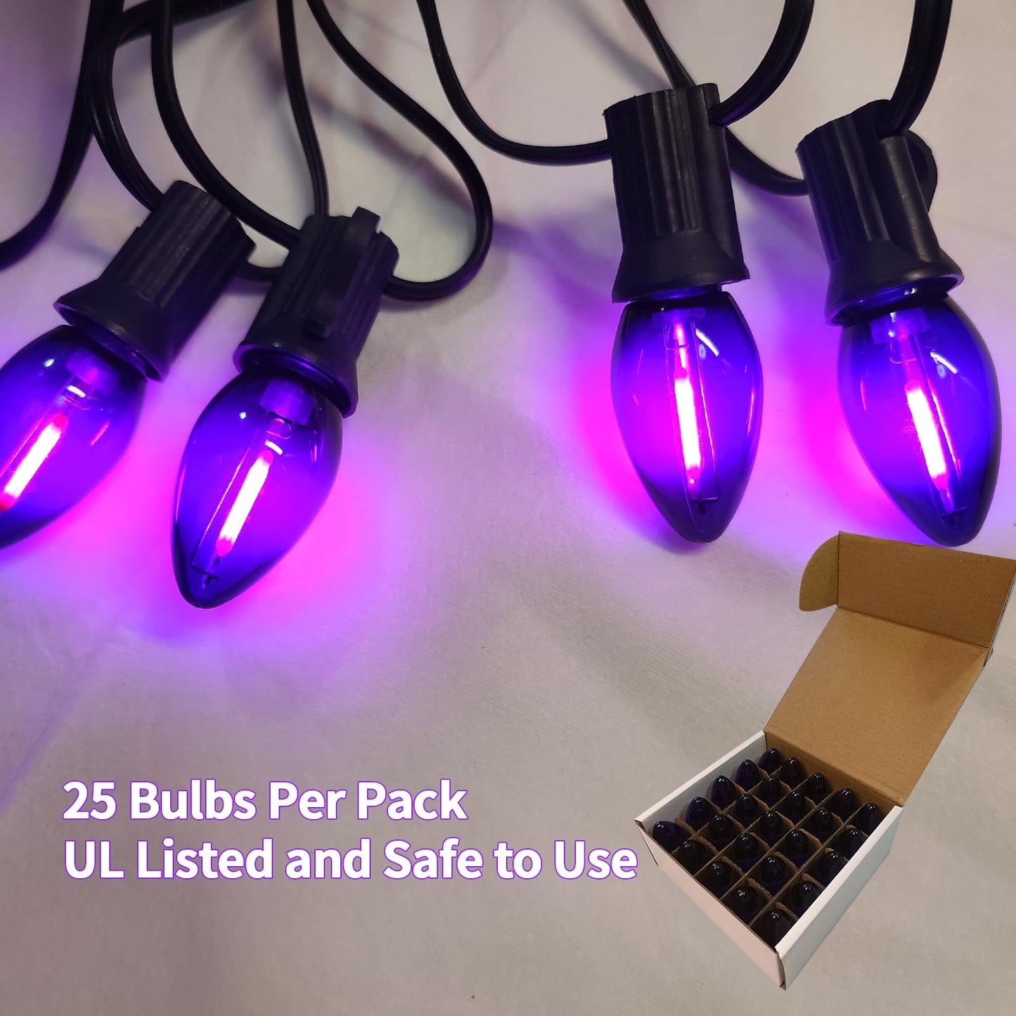CHYParty 25 Pack C7 Replacement Bulbs, Dark Purple LED Halloween Light Bulbs for Outdoor String Lights, Patio, Christmas Decor, E12 Candelabra Base, Waterproof, Energy-Saving