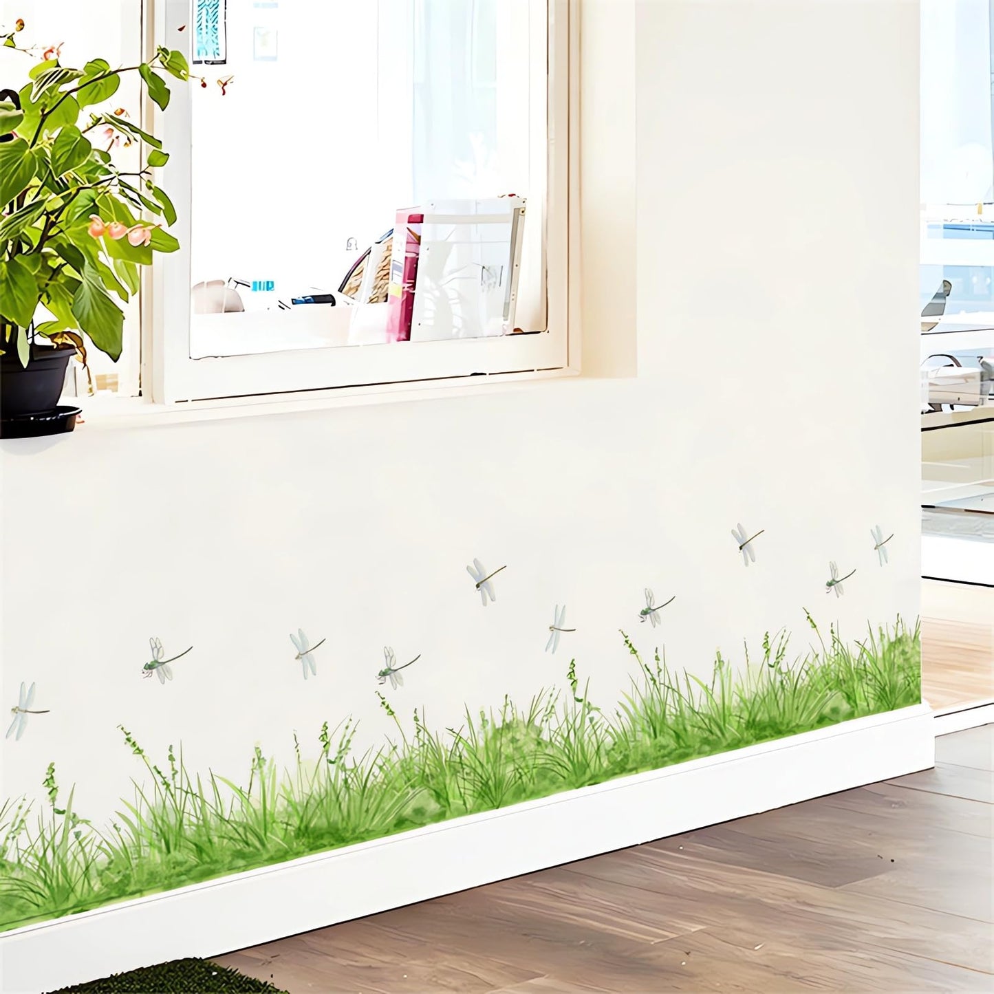 sacinora Fresh Green Grass Dragonfly Wall Stickers, Nature Green Plants Wall Decals Removable Vinyl Peel and Stick Baseboard Border Kitchen Bedroom Living Room Art Home Decor