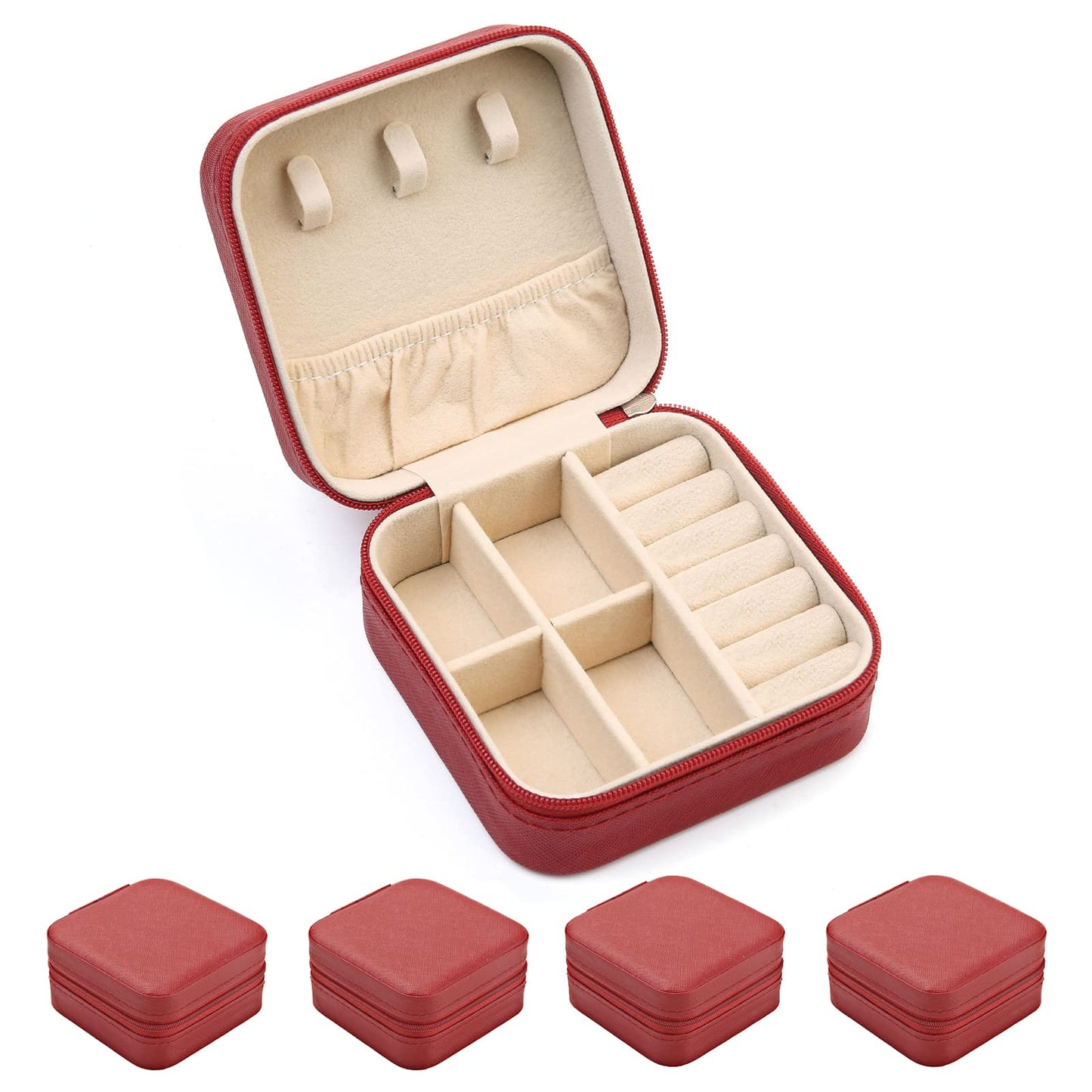 TRODANCE Mini Jewelry Case, Small Travel Jewelry Organizer, Portable Jewelry Box Mini Storage Organizer Display Box For Rings Earrings Necklaces (Red-4pcs)