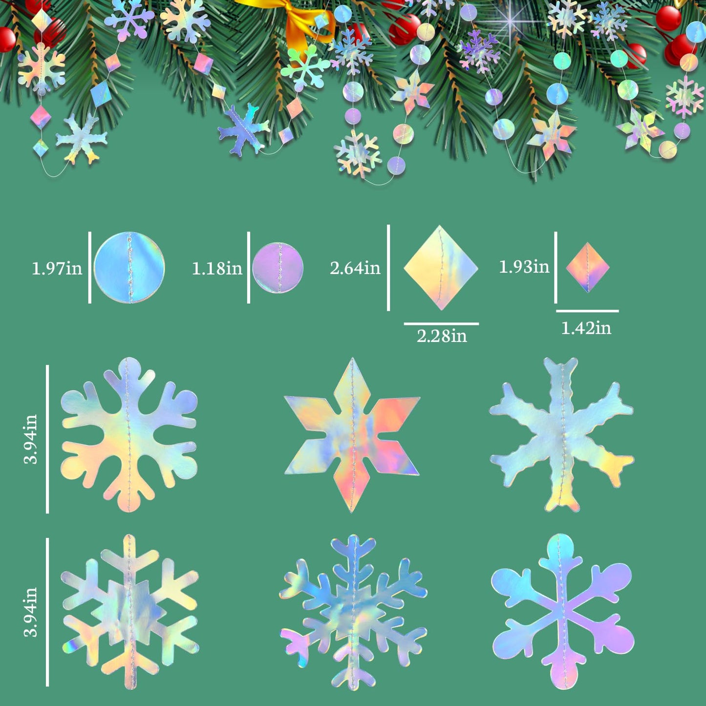Iridescent Holographic Party Decorations, 29Pcs, Rainbow Swirl Streamers, Snowflake Garland, Christmas Tree Decor, Winter Wonderland Weddings, Disco Parties, Holiday Gatherings (29-Piece/Rainbow)