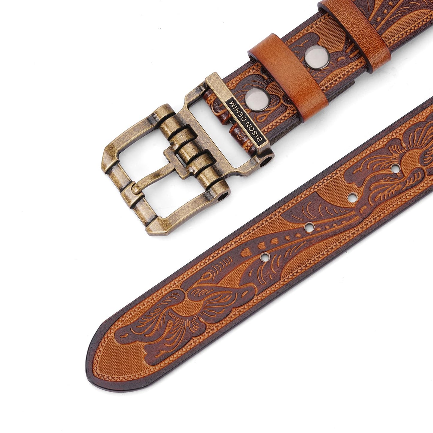 BISON DENIM Men's Genuine Leather Belt, Classic Western Cowboy Dress Belts, Heavy Duty Buckle Jeans Casual Handmade Belt