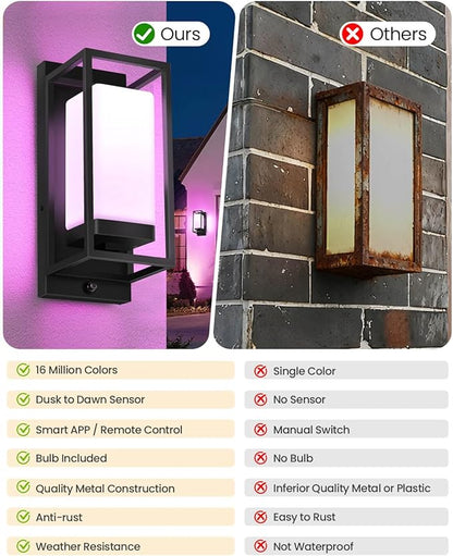 Smart Outdoor Wall Light, RGB Color Changing Sconce with App & Voice Control, Dusk to Dawn Outdoor Lighting, Adjustable 2700K–6500K, Waterproof Exterior Light Fixture for House Porch Garage, 2 Pack