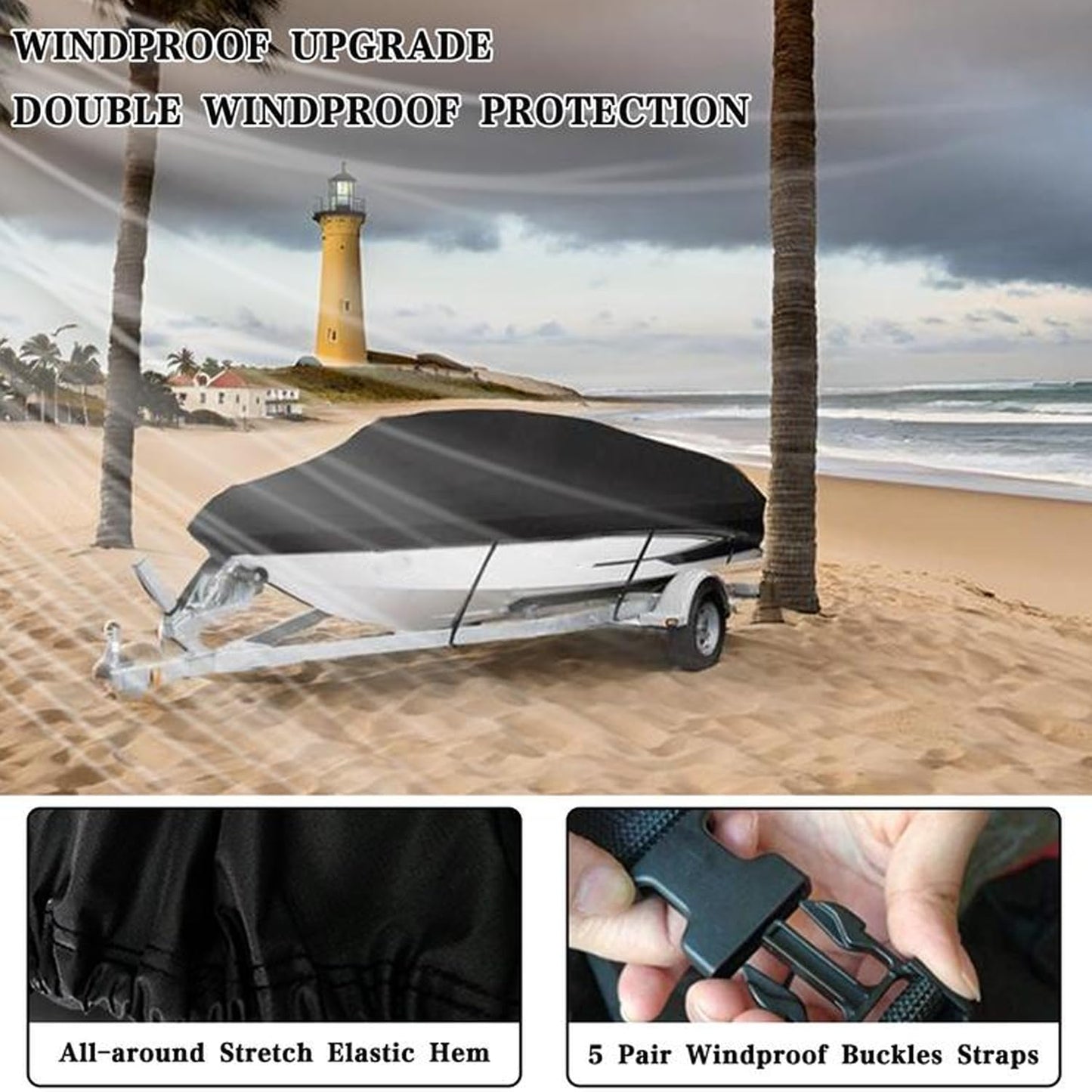 Heavy Duty Waterproof Boat Cover, PU Marine Grade Polyester Boats Covering, UV Resistant Bass Boat Cover, Fits V-Hull Tri-Hull Fish&SkiBoat, Runabout (17'-19', Beam Width up to 96")