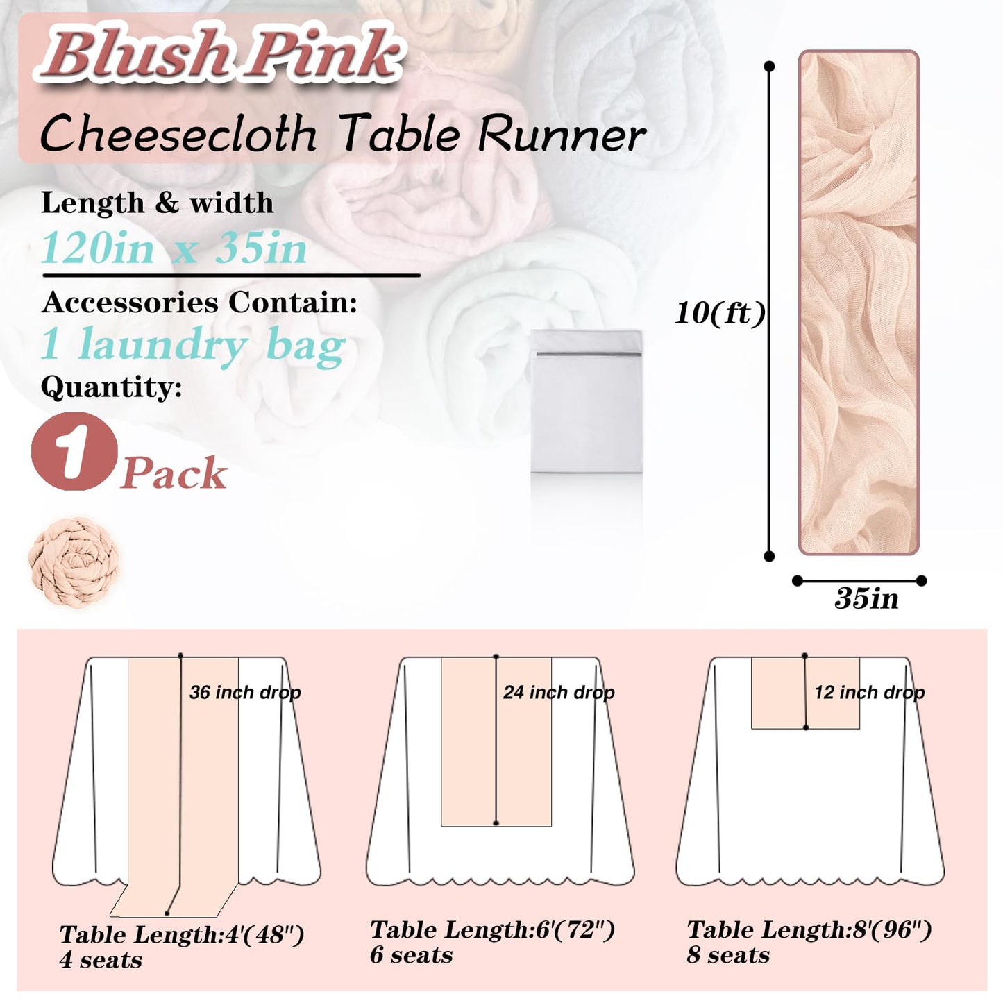Waligoy Blush Pink Cheesecloth Table Runner 1 Pack 35" Boho Gauze 120 inches Long Runner Rustic Sheer Fabric Bulk for Baby Shower Wedding Bridal Birthday Party Table Decorations