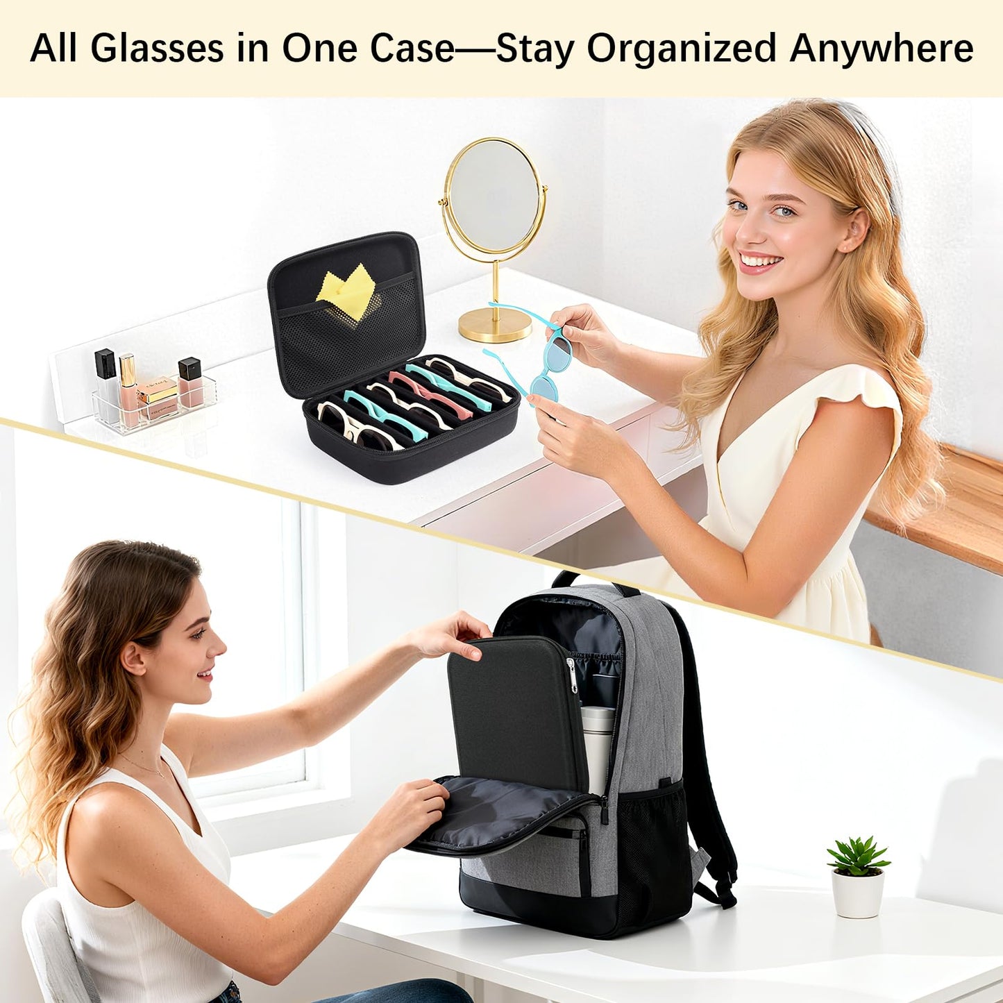 Bukere Glasses Organizer Case Multiple Pairs, Travel Sunglasses Case Adjustable Slot, Hard-shell Eyeglasses Storage Women Men