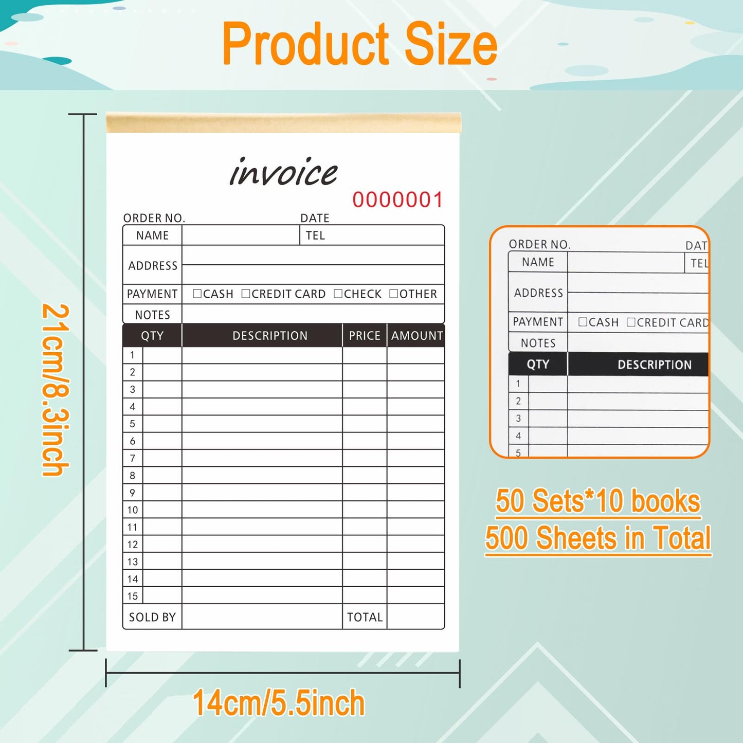 10 Pack Receipt Book, 2-Part Carbonless Sales Invoice Book with Cardboard Copies for Small Boutique Business, (8.3x5.5 Inches, 50 Sets*10) (Invoice)