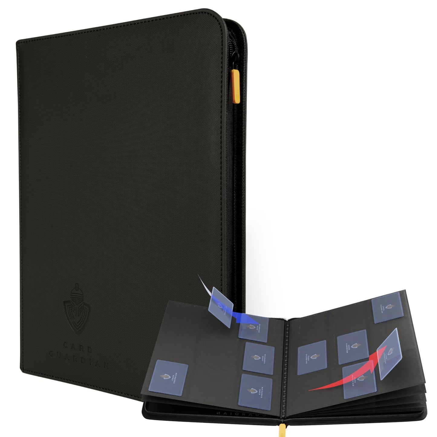 Card Guardian - 9 Pocket Premium Black Card Binder with Zipper for 360 Cards - Trading card binder with Side Loading Pockets for Trading Card Games -TCG Binder (Black)