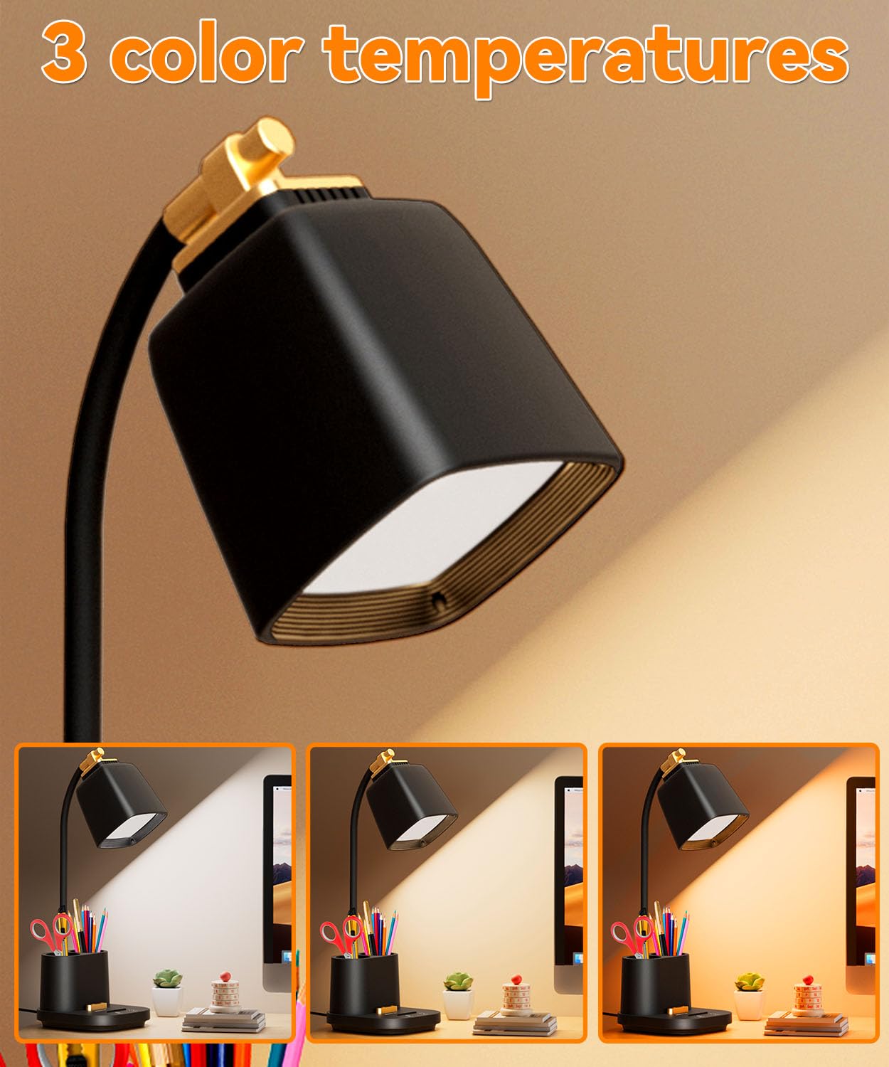 LED Desk Lamp with USB Charging Ports & Organizer, Small Table Lamps for Home Office/Bedroom/College Dorm Room,Gooseneck Desk Light with Charger for Study/Reading/Craft/Work/Task, Dorm Room Essentials
