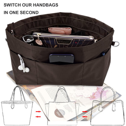 Time Wing Handbag Tote Purse Organizer Insert Bag Liner Shaper Divider Zipper 11 Pockets Compartments Medium Coffee