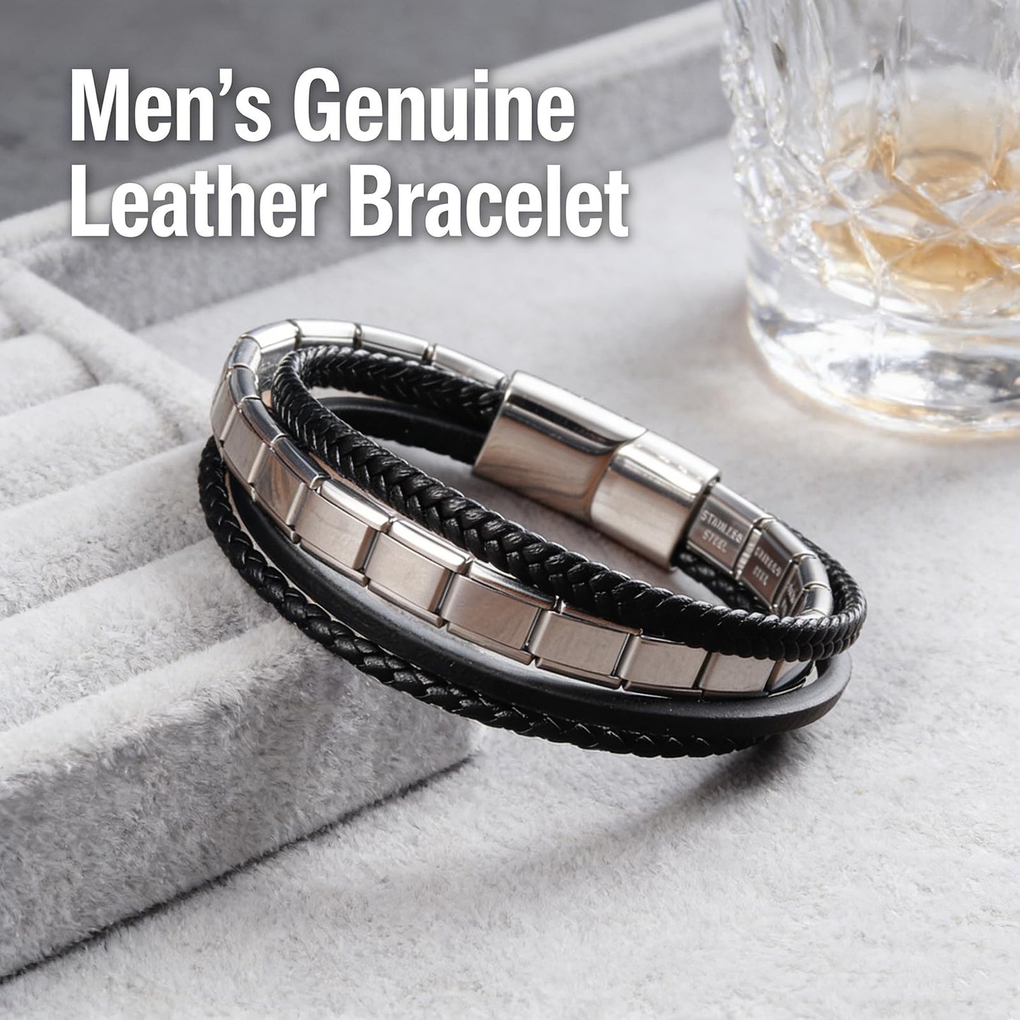 Genuine Leather Bracelet for Men - Stackable Bracelets Best Gifts for Him, Husband, Dad, Boyfriend, Son, Man | Birthday, Fathers Day Present, 316L Surgical Stainless Steel Clasp, Fits Wrists 7.8"-8.3"