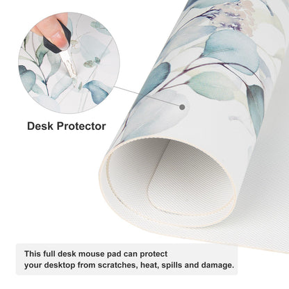 QIYI Large Mouse Pad, Cute Green Leaves Desk Mat for Desktop, Women Girls Office Décor Desk Accessories, PU Leather Waterproof Gaming Mousepad, Eucalyptus Leaf Desk Pad Computer Mat, 31.5" x 15.7"