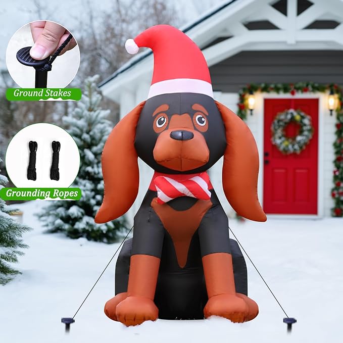 FunFanso 4FT Christmas Inflatable Dog Decoration, Cute Blow Up Puppy Yard Decorations with Build-in LED, Xmas Dog with Santa Hat for Holiday Indoor Outdoor Yard Lawn Party Garden Home Decorations