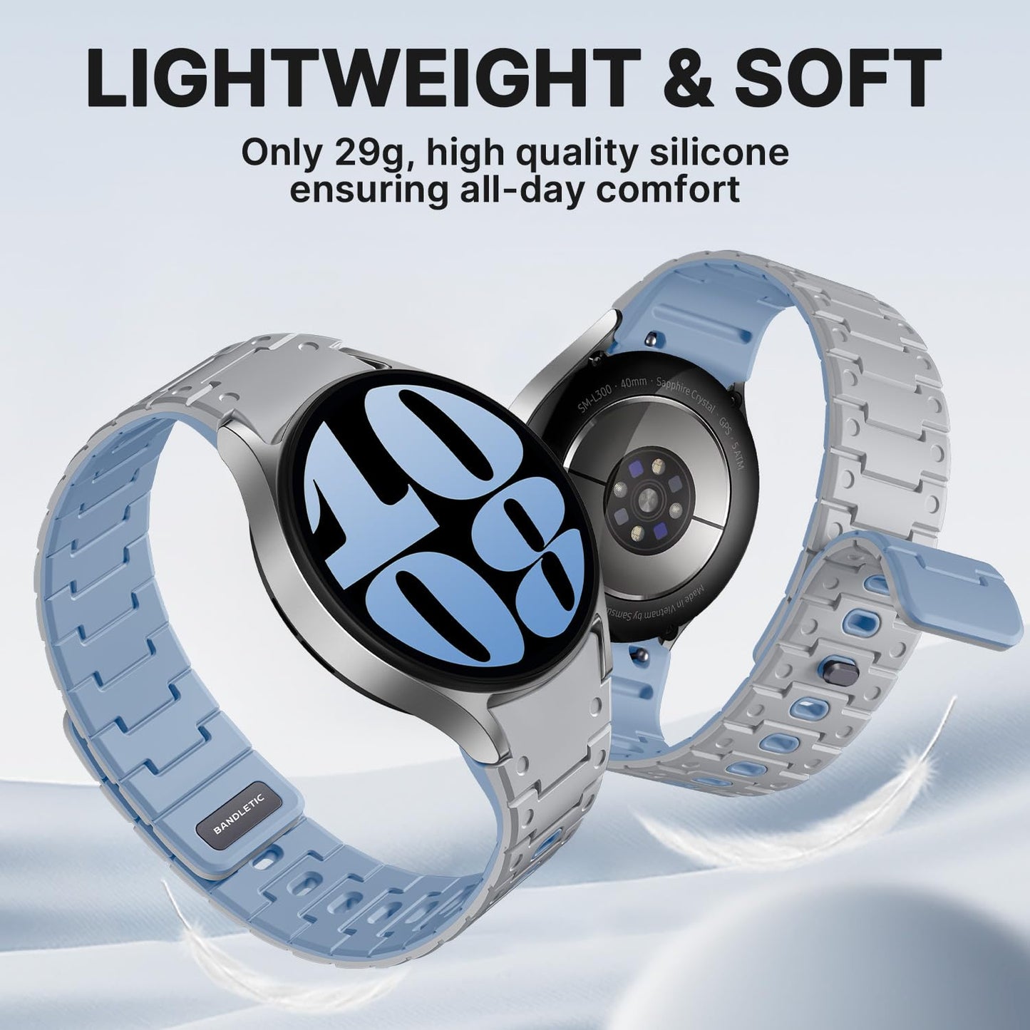 Bandletic Silicone Magnetic Band Compatible with Samsung Galaxy Watch 7 6 5 4 FE 40mm 44mm/Watch 6 4 Classic 43mm 47mm 42mm 46mm/Watch 5 Pro 45mm, 20mm No Gap Soft Sport Strap for Men Women