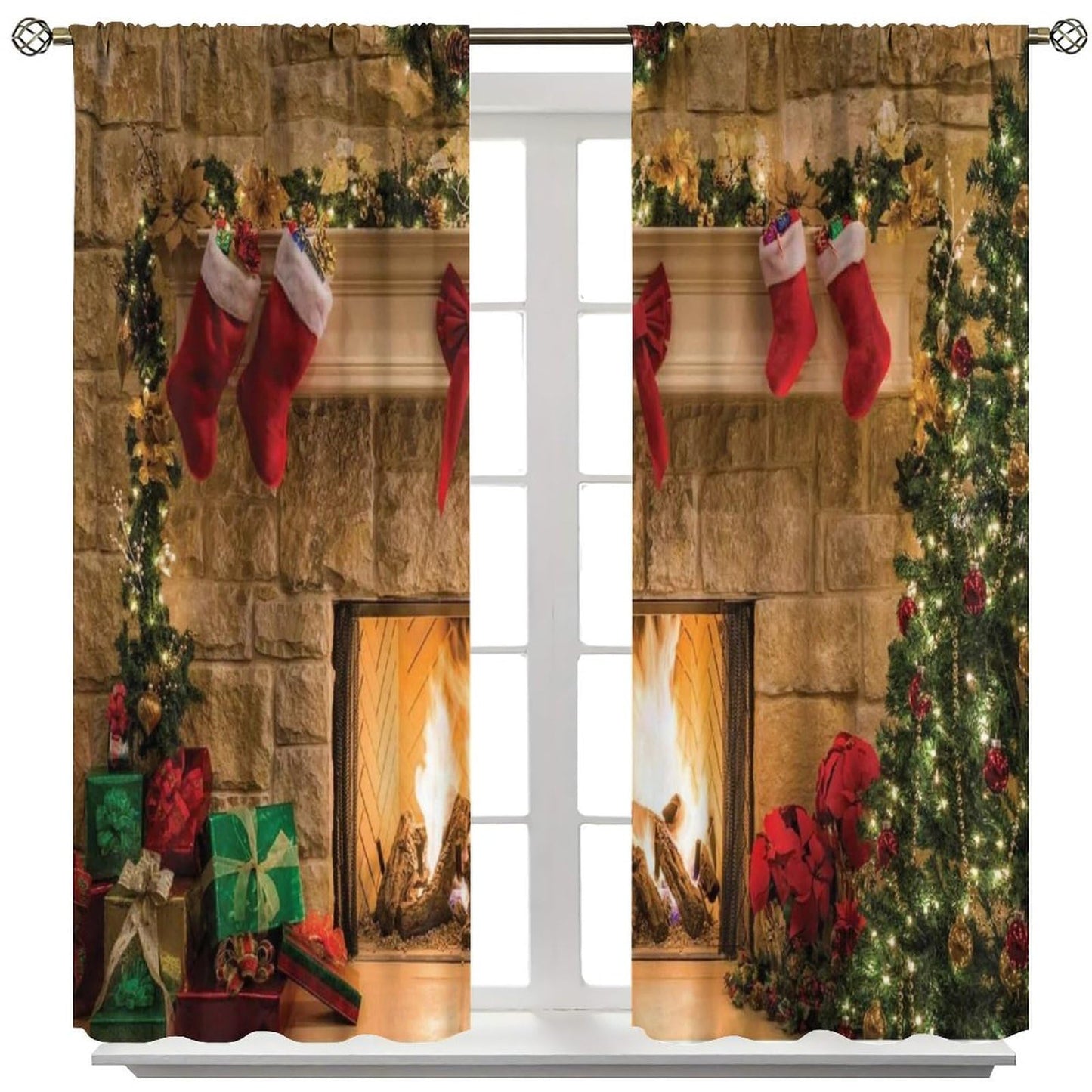FengMingRui Merry Christmas Curtains Fireplace Christmas Socks Christmas Tree Window Treatment for Bedroom Living Room Decor Art Printed Window Drapes 42" W X 45" L
