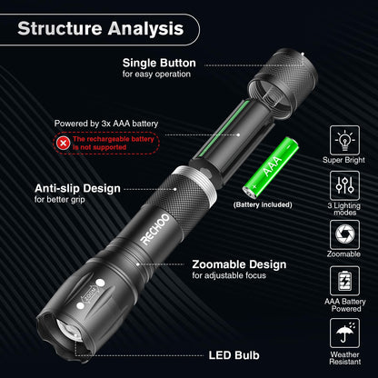 RECHOO LED Flashlight 2 Pack, Tactical Flashlights High Lumens with 3 Modes, Pocket Small Flash Light, Waterproof Zoomable Flashlights for Home Emergency, Camping Essentials (Battery Included)