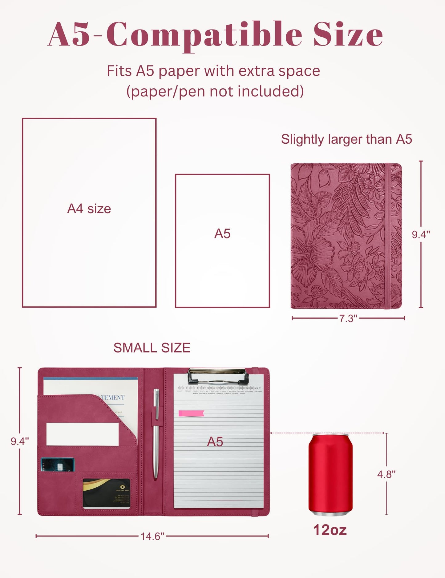 Mymazn Small Padfolio Clipboard Folder for 5x8 Inch Writing Pads, Compact A5 Portfolio for Business Office, Floral Red