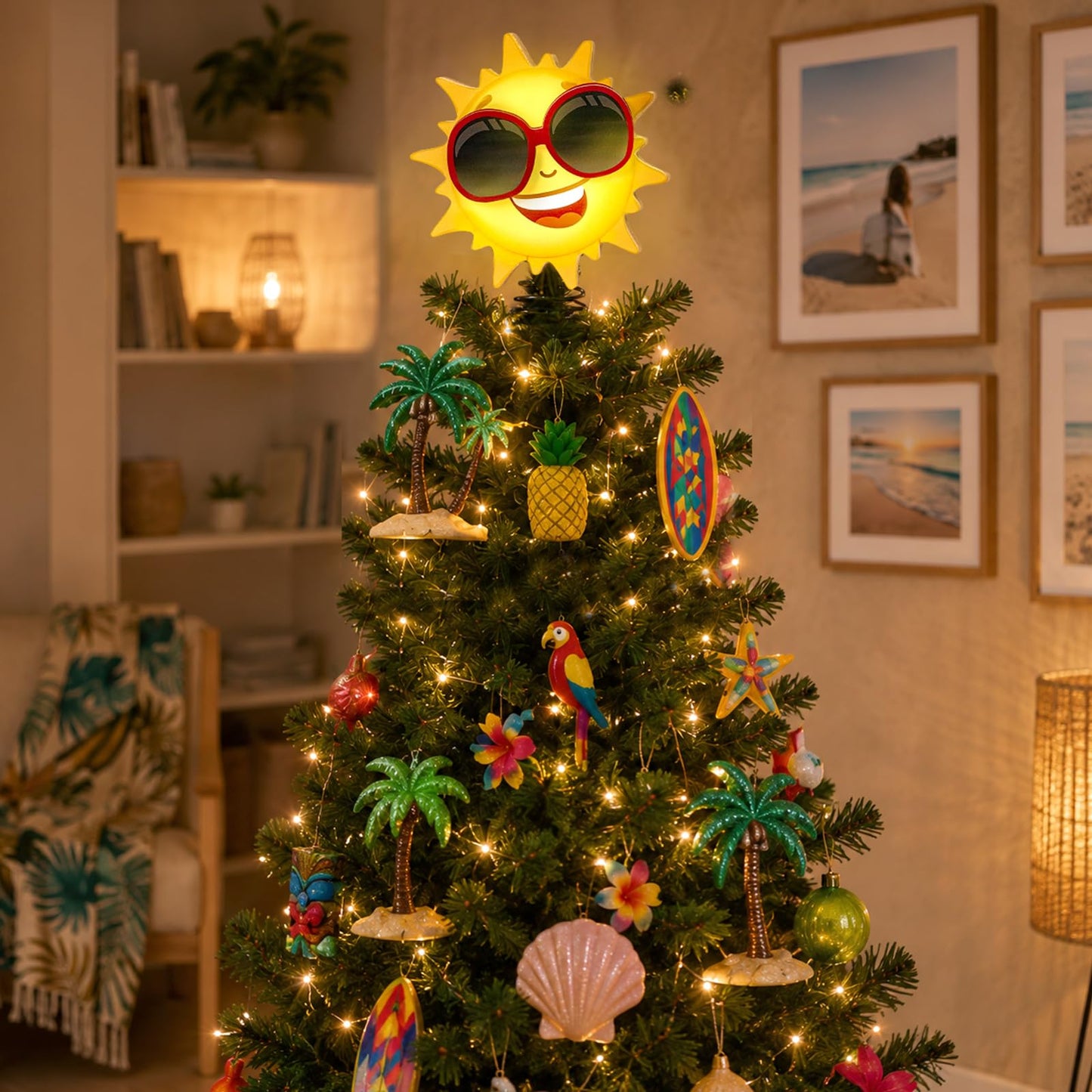 APUDWN 9.6 x 6.5 Inch Wood Sun Tree Topper with LED Lights, Summer Tree Decorations for Tropical Beach Luau Party Tabletop Battery Powered 3D Sunglasses Smiling Face Holiday Decor