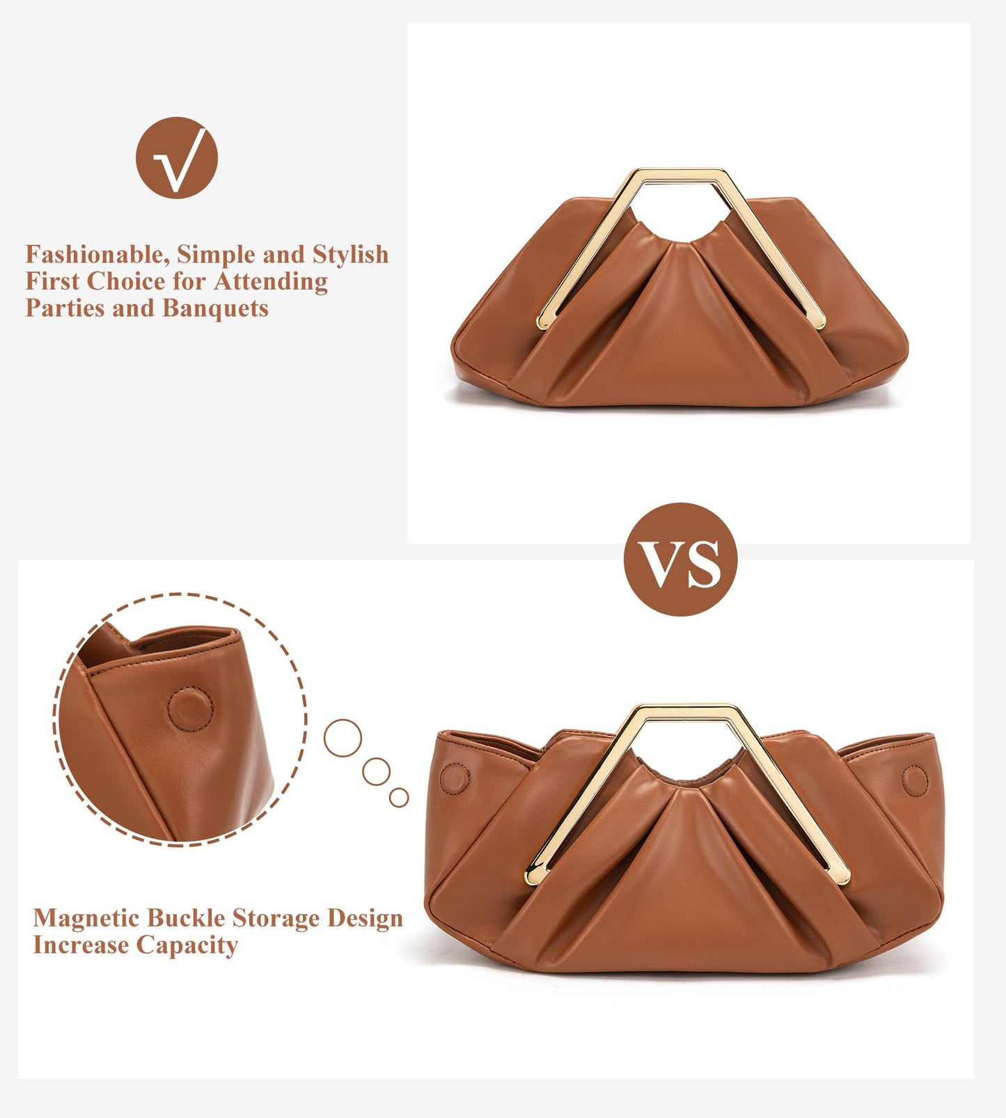myfriday Women's Elegant Ruched Clutch Purse, Soft Dumpling Evening Purse Handbags for Wedding Prom Party Formal Events (Brown)