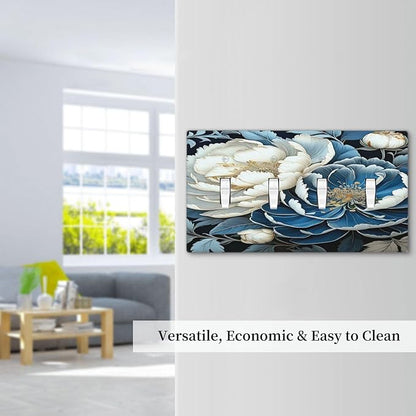 White Blue Flower Peonies Light Switch Covers Quad Toggle 4 Gang Wall Plate Decorative Switchplate Electrical Faceplate for Farmhouse Bathroom Living Decor