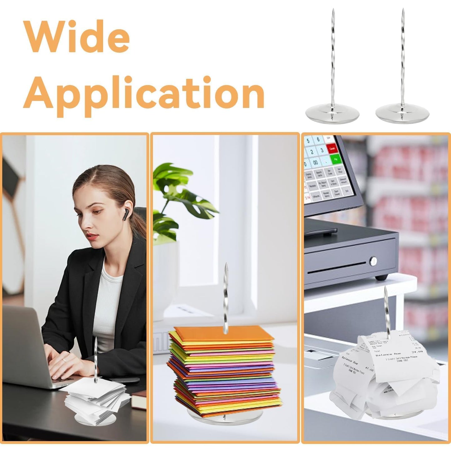 Receipt Spike Holder, Desk Receipt Holder Bill Fork Restaurant Ticket Stabber with Non-Slip Rubber Cover, 80mm Wide Base and Thick Rod for Restaurant Office Desk Memo Check Paper Organizer, Silver