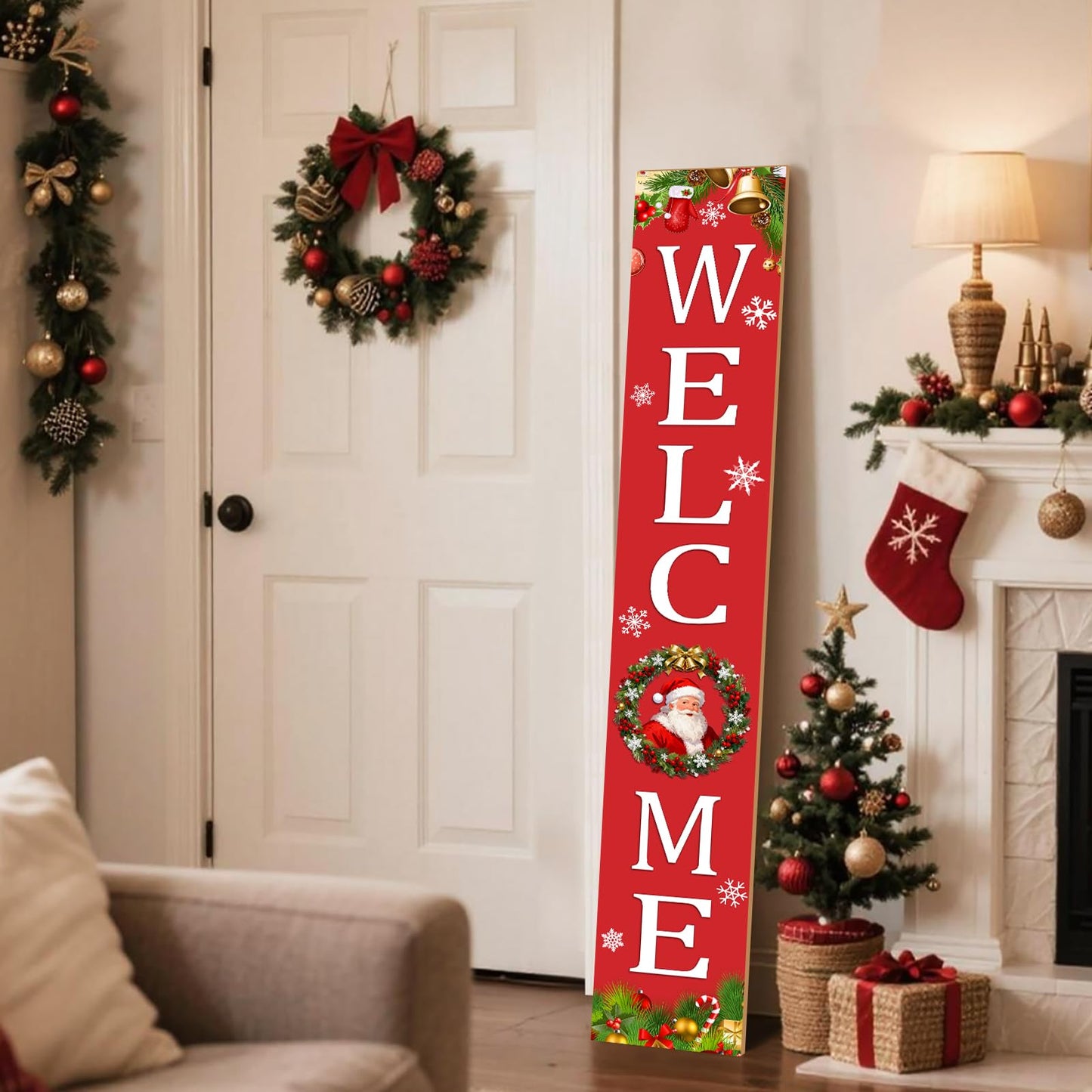 Christmas Welcome Sign for Front Porch Standing, Christmas Wooden Sign, Welcome Porch Sign for Outdoor Yard Wall Decorations 47.2" H (Welcome)