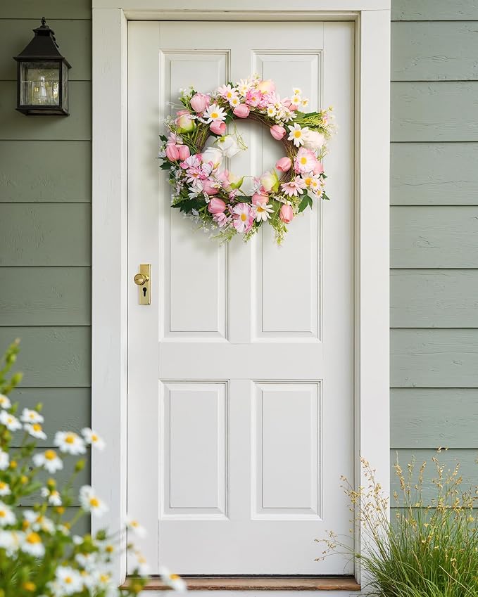 Spring Summer Wreath for Front Door 20”, Artificial Flower Door Wreath with Pink White Roses Tulip Dasiy Wreaths with Hook for Windows Wall Deco Indoor Outdoor
