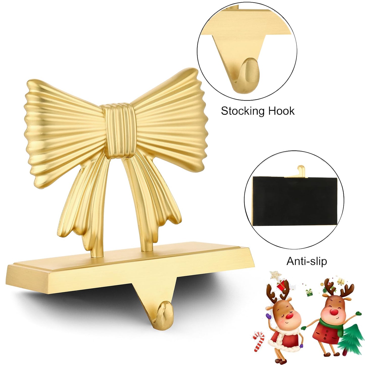 Kersiki Christmas Stocking Holders Set of 2 - Christmas Stocking Holders for Fireplace- Metal Stocking Hanger for Mantel-Stocking Hooks for Christmas Party and Home Decoration (Gold Bowknot)