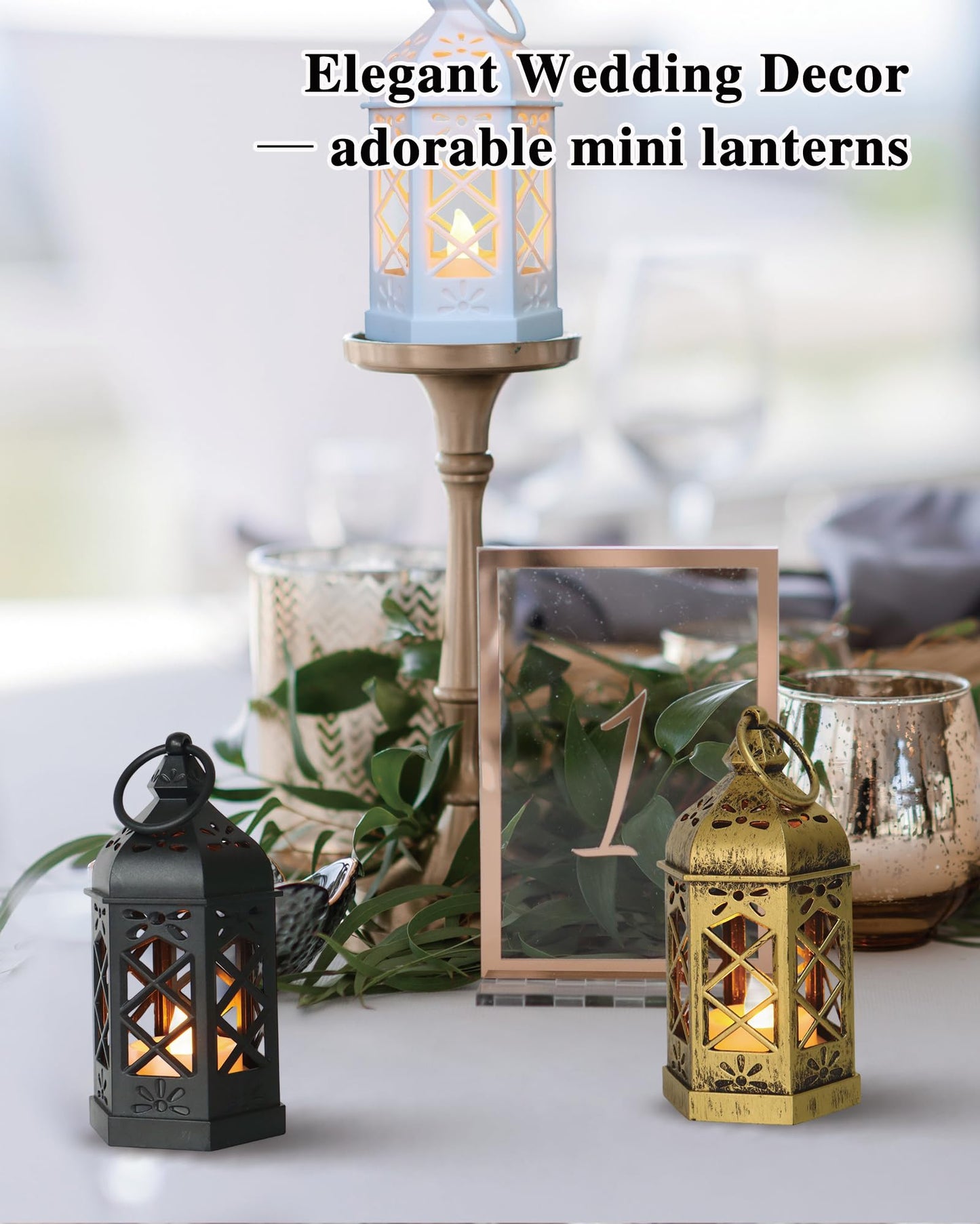Reperla 8-Pack Mini Lanterns with Flickering LED Candles for Ramadan, Moroccan Decorative Hanging Lanterns for Halloween, Christmas, Wedding, Black Lantern for Table Centerpiece, Home & Party Decor
