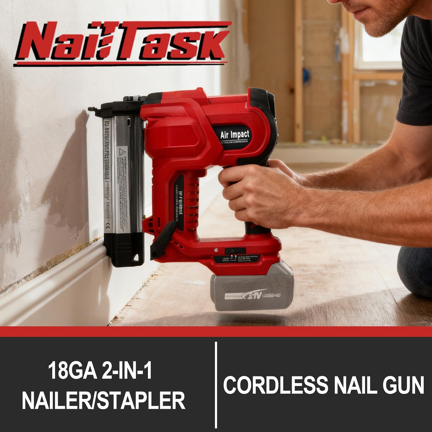 NailTask 20V 18 Gauge Cordless Nail Gun Safety Pin 2 Inch Power Brad Nailer with 18GA Machine Electric Staple 2 in 1 Gun Nails Kit for Wood Upholstery DIY Framing Home Improvement (No Battery)