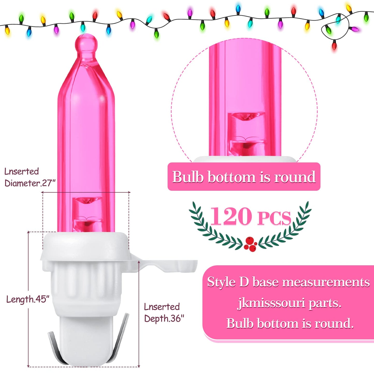 Remagr 120 Pcs Christmas LED Replacement Bulb Mini Wide Angle LED Xmas Bulbs Tree Light Outdoor String Light Replacement for Christmas Garden Party Decor(White Base with Pink Bulb)