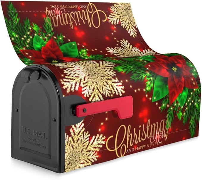 Christmas Mailbox Covers Poinsettia Gold Snowflake Xmas Magnetic Letter Post Box Cover Standard Size 25.5 x 21 Inch Garden Yard Home New Year Holiday Decorative