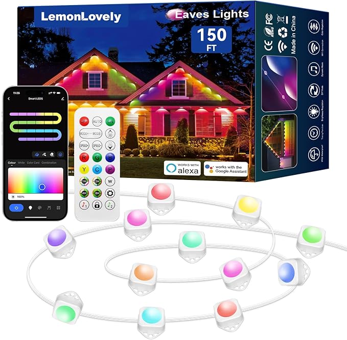Permanent Outdoor Lights for House, RGB+IC IP67 Waterproof Smart Eave Lights 100ft with 50 LED, Eternity Lighting for Holiday Daily Decor, Work with Remote, APP