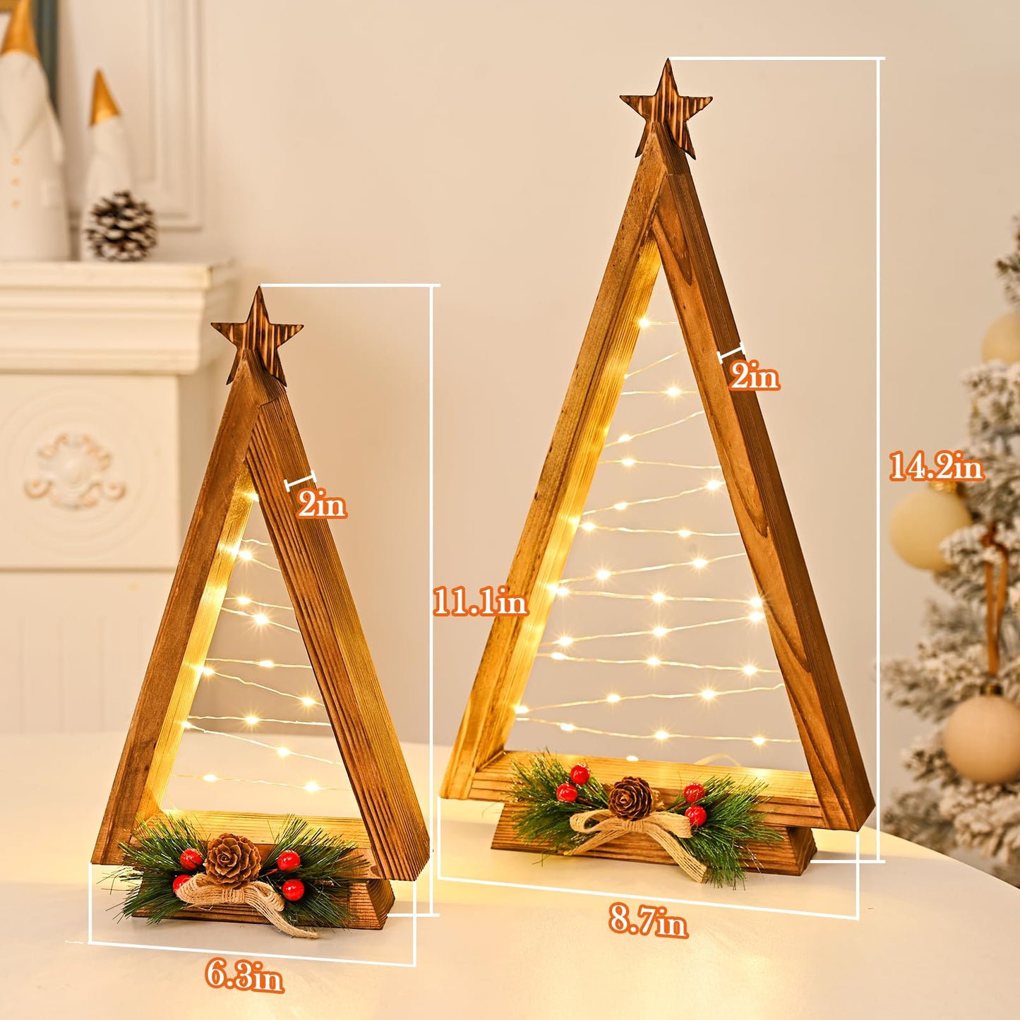 NatuBeau 2 Pcs Triangle Tabletop Wooden Christmas Tree with Lights, Modern Farmhouse Rustic Christmas Decor, Small Lighted Xmas Tree for Kitchen Mantle Shelf Living Room(14.2" Large / 11" Small)