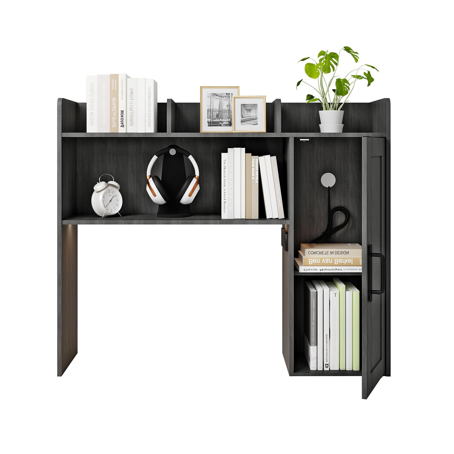Homiflex Desktop Bookshelf, Wooden Desk Hutch with LED Lights, Desktop Shelf with 6 Shelves and Power Outlets, Office Desk Organizer, Over Desk Storage Shelves for Dorm, Home, Grey