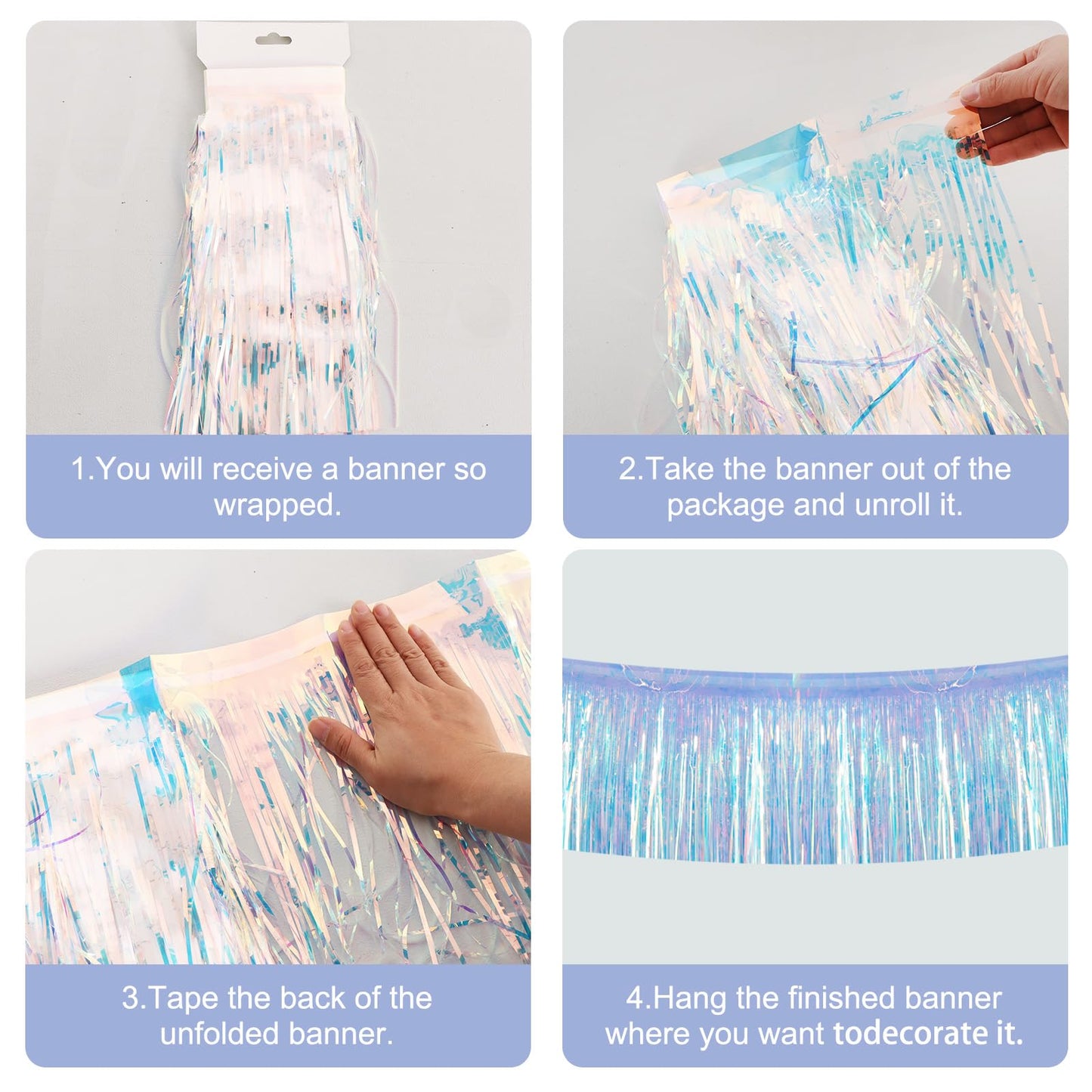 BEISHIDA 3 Packs 30 Feet Metallic Foil Fringe Garland Tinsel Streamers，Iridescent Blue Wall Hanging Tinsel Fringe Banners for Wedding Birthday Party Decoration Halloween Christmas New Year