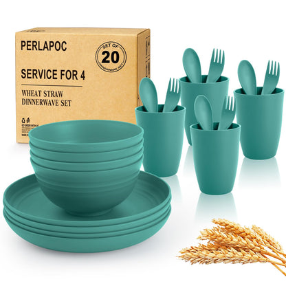 Wheat Straw Dinnerware Set 40-Piece Service for 8 Unbreakable Dishes Set Plates and Bowls Sets Drinking Glasses Microwave Safe Dish Set Lightweight Dinnerware Set for Home & Kitchen - Yellow