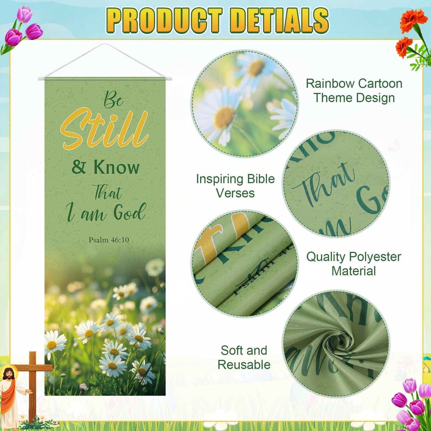 Panelee 4 Pcs Church Banners for Sanctuary Wall Blooming Flower Church Banners with Scripture Inspirational Religious Praise Bible Verses Hanging Backdrop Signs for Sunday School Worship Decoration
