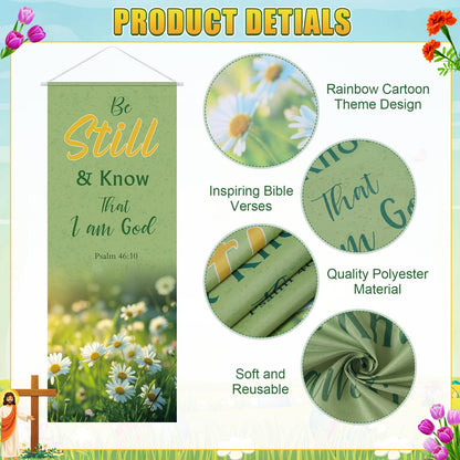 Panelee 4 Pcs Church Banners for Sanctuary Wall Blooming Flower Church Banners with Scripture Inspirational Religious Praise Bible Verses Hanging Backdrop Signs for Sunday School Worship Decoration