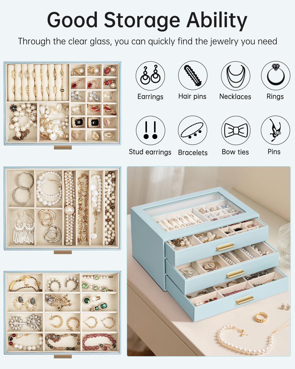 AKOZLIN Jewelry Box with Clear Lid Functional Leather Jewelry Storage Organizer Case 3 Drawers for Women Girls Necklace Ring Bracelet Earring