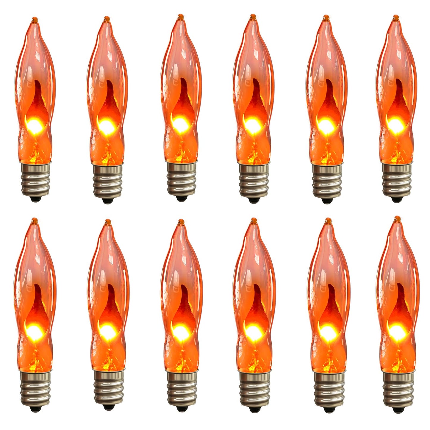 Orange Flickering Flame Light Bulbs with E12 Base, 12 Pack C18 Christmas Light Bulb 1W, Candelabra Night Light Bulbs for Christmas String Light ,Electric Window Candle Light,Halloween Chandelier