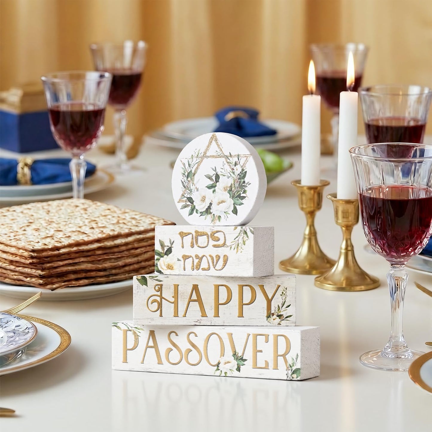 Smile Passover Wooden Decorations 4PCS Happy Passover Pesach, Star of David Tiered Tray Centerpieces Decor, Seder Jewish for Home Office