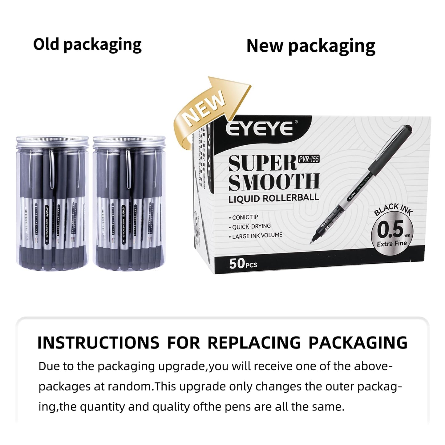 EYEYE Rollerball Pens 0.5mm Black 50 Pack, Extra Fine Point Quick Dry Liquid Ink Roller Ball Pens Fine Point Smooth Writing Pen for Journaling, Note Taking, Office, School Supplies